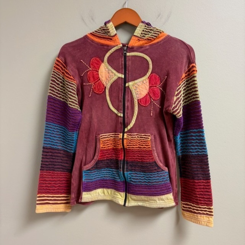 Karma Circle USA Boho Hippie Patchwork Zip Hoodie Embroidered Floral Sz S *flaw